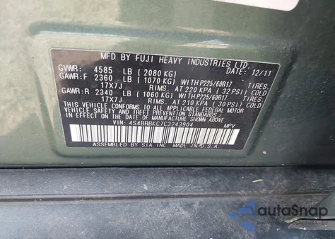 2012 Subaru Outback 2.5I Limited from USA, damaged, VIN 4S4BRBKC7C3243904